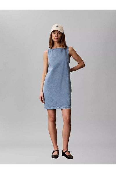 Calvin Klein Kadın Pamuklu İnce Denim Kumaş Sırtı Açık Mini Mavi Elbise