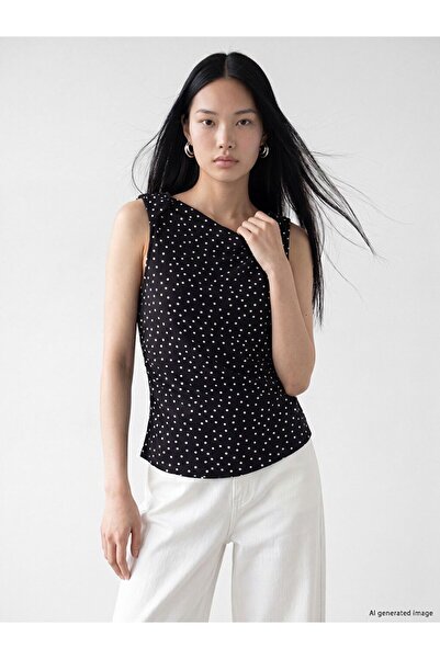 LC Waikiki Xside Black Boat Neck Polka Dot Gathered Blouse