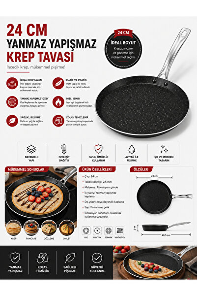 abnturk 24 Cm Granit Krep Tavası Yapışmaz Yanmaz Kaplamalı Krep Pancake Gözle...