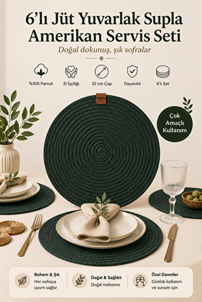 Fabrix Home 6-Piece Jute Supla American Service Set Green Color Bohemian Tabl...