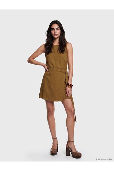 LC Waikiki Lcw Vision Green Belted Linen Blend Mini Dress