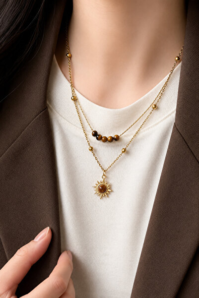 TREND COLLECTİON Çift Katlı Güneş Uçlu Doğal Taşlı Gold Kadın Kolye