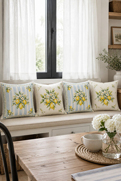 Bebişim Halı Blue Striped Lemon Patterned Set of 4 Decorative Throw Pillow Co...