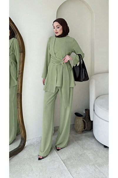 Miraydın Butik طقم بنطلون نسائي بحزام جانبي مفصل M2633 - أخضر