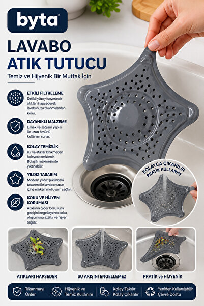 BYTA Silikon Lavabo Atık Tutucu Yıldız Şekilli Gider Süzgeci Mutfak ve Banyo ...