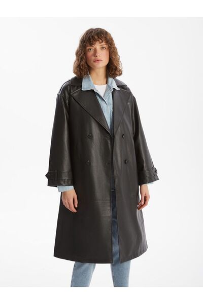 LC Waikiki Lcw Vision Black Jacket Collar Women's Leather Look Trench Coat
