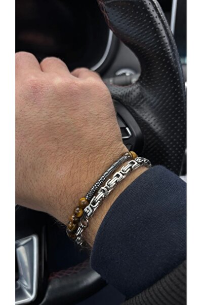 derokas Men's Steel King Bracelet Natural Tiger's Eye Stone Combination Brace...
