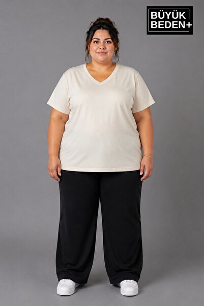 Superlife Süperlife Large Size Women's V-Neck Cotton Basic T-Shirt Navy Blue ...