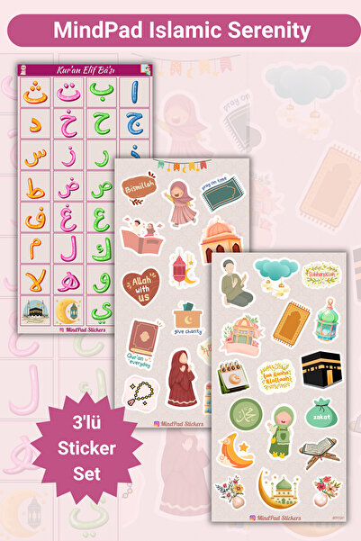 Mindpad 3'lü İslami Sticker Seti – Hijab Temalı Figürler, Kur'an Elif Bâ ve M...