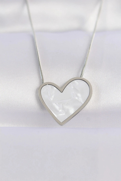 Marsilyan 316L Steel Chain Silver Color Marble Patterned Heart Necklace Elk-B...