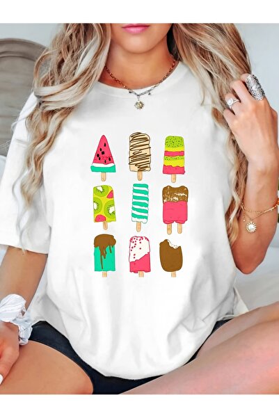STITCHLY تي شيرت صيفي أبيض بطبعة مصاصات من وو، بأكمام قصيرة وياقة دائرية، بتص...
