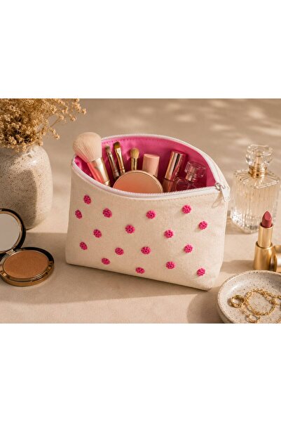 Berliva Home Special Design Pink Floral Embroidered Canvas Makeup Bag - Lined...