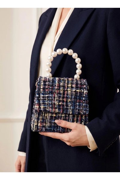 VİNY Women's Elegant Tweed Handbag with Pearl Handle & Chain Strap | Fashion Top Handle Shoulder & Crossbody Bag | Party, Wedding, Evening & Occasion Handbag for Women
