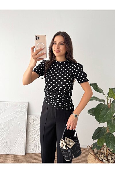 Jöns Butik Women's Polka Dot Blouse – Stylish Short Sleeve Top with Ruffle De...