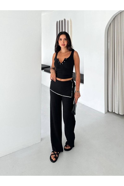 PIOVE Women's High Waist Textured Loose Palazzo Pants with Contrast Stripe De...
