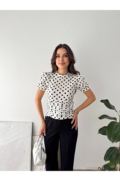 Jöns Butik Women's Polka Dot Blouse – Stylish Short Sleeve Top with Ruffle De...