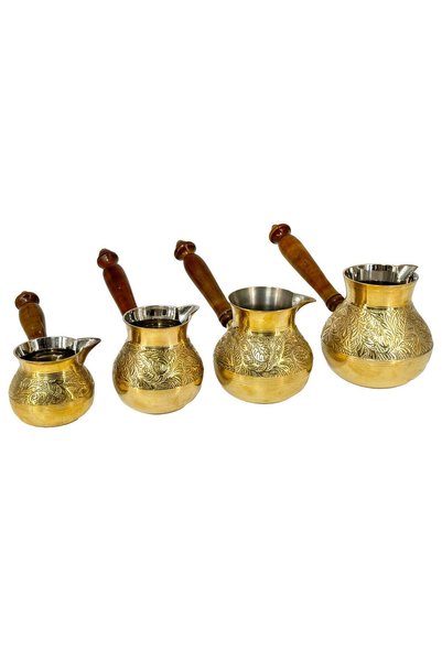 Al Athar Arts Brass Hand Coffee Warmer Pot Without Lid With Wood Handle Yellow Finish (H:5"W:5"Capacity:600Ml)