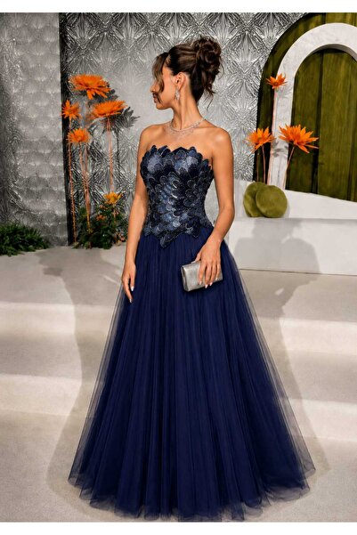 Kurtah Luxury 3D Flower Embroidery Tulle Skirt Evening Dress Navy Blue