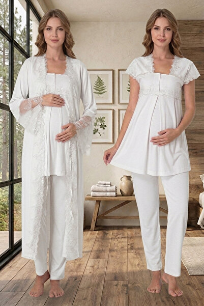 lohusahamile Princess Lace 100% Cotton Maternity Pajama Set with Dressing Gown