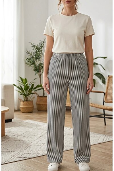 BİLGENS BUTİK Ženske letnje prugaste pantalone od 100% pamučne seersucker tka...