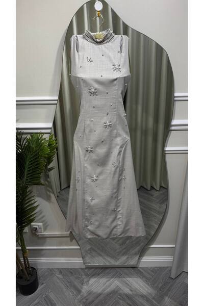 Jood Midi Dress with Embroidered Collar and Scattered Crystals