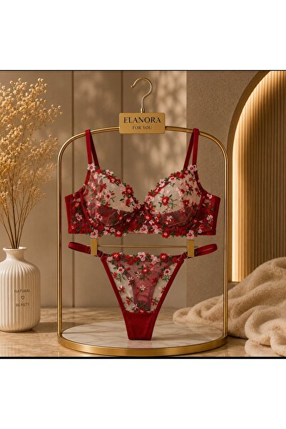 ELANORAFORYOU ELANORA Kadın Kırmızı Çiçek Nakışlı Dantelli Sütyen Külot Takım...