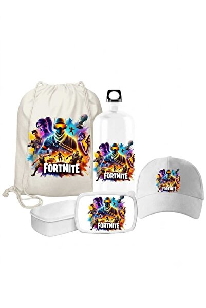 Green Print Set 4 Piese Fortnite: Rucsac Canvas cu Mânere Sfoară, Șapcă Albă,...