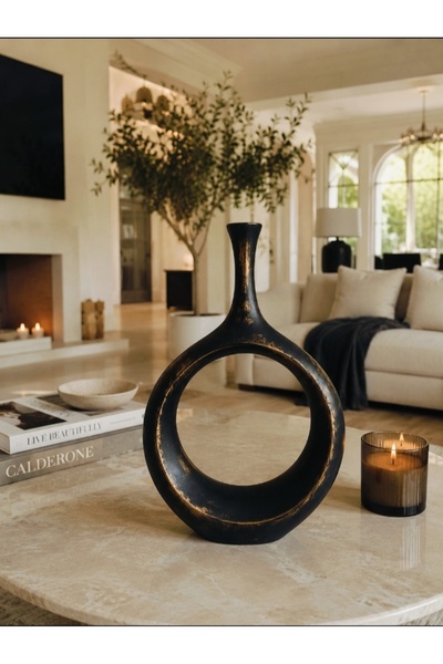 37 cm Dekoratif Seramik Halka Vazo – Mat Siyah Eskitme Gold Detaylı Modern Salon ve Villa Dekoru