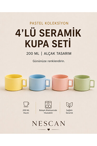 nescan 4'lü Pastel Seramik Kupa Seti 200 ML | Kahve Fincanı | Modern Minimal ...