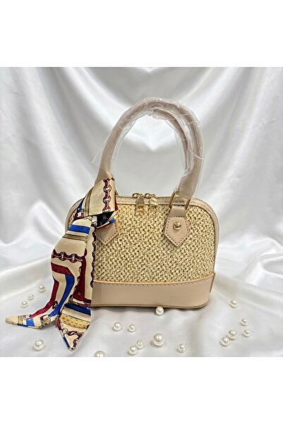 AVIVA Scarf Detailed Straw & Leather Combination Women's Shoulder Bag