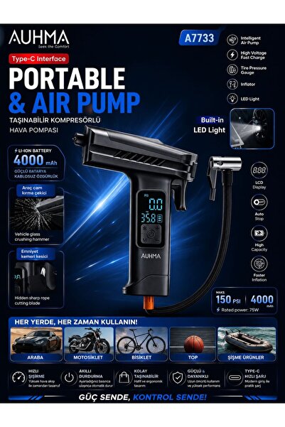 auhma A7733 Dijital göstergeli tabanca model 150PSİ Araç kompresör