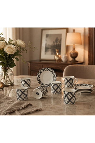 CEZVE HOME Oregon Black and White Striped Porcelain Coffee Cup Set for 6 People