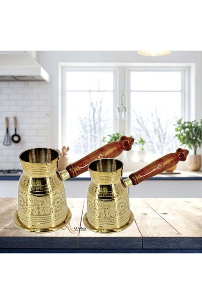 Al Athar Arts Turkish Coffee Warmer Pot With Jali Work With Wooden Handle(H:2.5''W:2''Capacity:100ml)