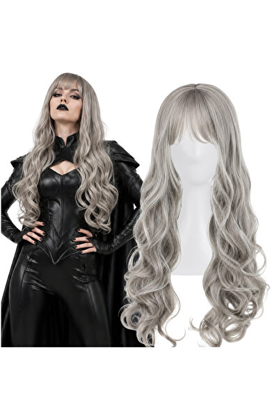 Korbi Perucă lungă, gri, cu bucle, pentru cosplay, pentru femei