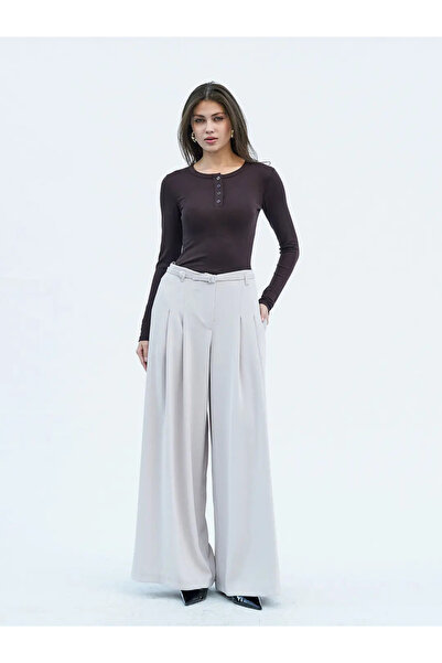 DipOL Butik Women's Beige Belt Detailed Double Pleated Wide Leg Palazzo Trousers