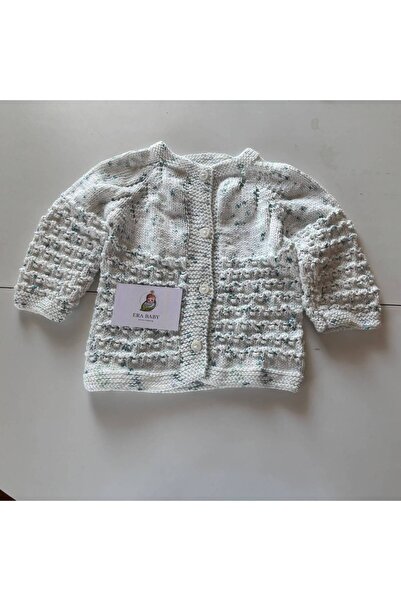 Genel Markalar El Örgüsü Bebek Hırkası Düğmeli Triko Hırka Ekru Kırçıllı Unisex 0-3 Ay, 3-6 Ay