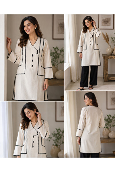 Libas lab - Off-White Textured Cotton Modest Shirt with Black Contrast Trim