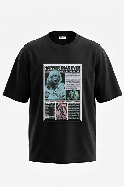 Anetos Μπλουζάκι Billie Eilish_93 με στάμπα σχεδίου, Unisex, Oversize, Μαύρο