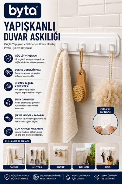 BYTA 4-Piece Adhesive Wall Hanger – Multi-Purpose Hanger for Mounting Without...