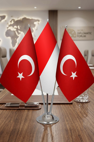 Günışığı Atölyesi Endonezya Bayrağı Türk Bayrağı Masaüstü Üçlü Krom Direk Mas...