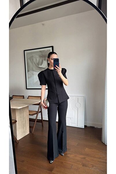 mafdress Women's Black Double Pocket Button Closure Round Neck Two-Piece Set
