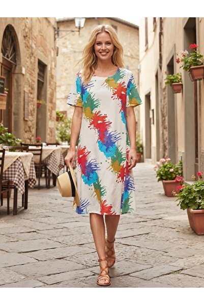 Türkiş Otantik Multi-Colored Short-Sleeved Viscose Woven Comfort Dress