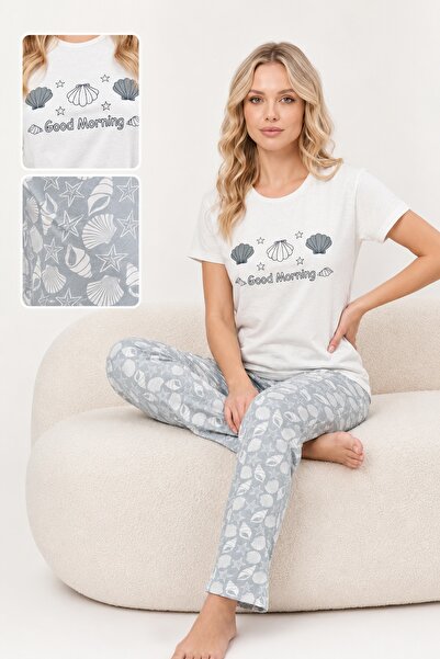 CottonVia طقم بيجامة نسائي، 100% قطن، أكمام قصيرة، ياقة دائرية، مطبوع عليه صد...