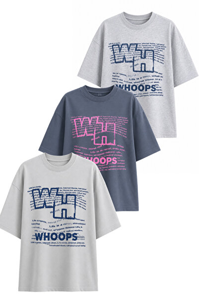 Merci Women's Oversize Whoops Printed Lycra Crew Neck T-Shirt Set of 3 (95% C...