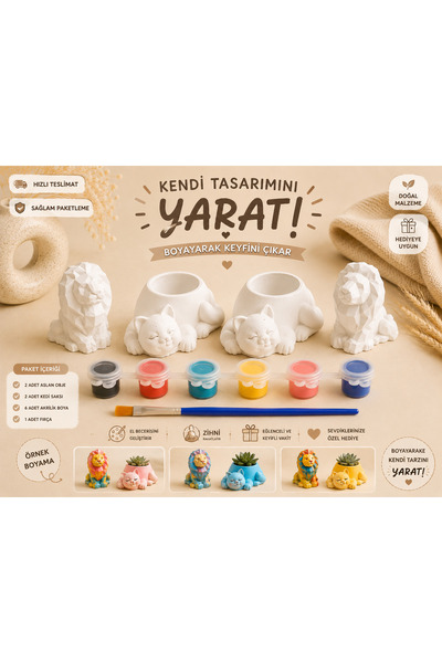 elvanhobi Kedi ve Aslan Dekoratif Obje Seti – 6 Renk Boya ve Fırça .