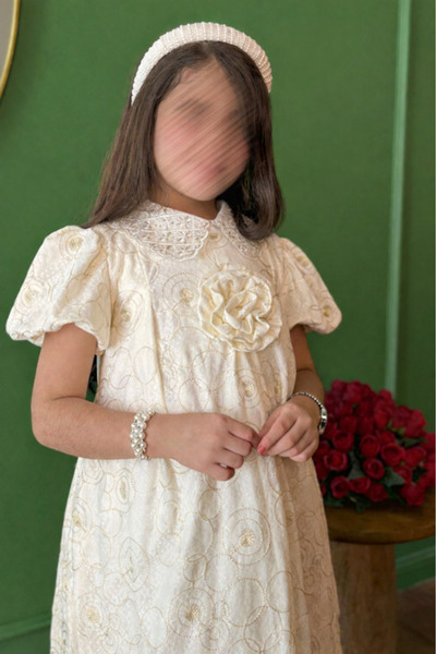 JO FASHION Girls' Dress with Circle Pattern and Embossed Rose in Beige Color