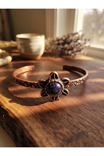 Meneva Aksesuar Dark Blue Star Natural Stone Flower Motif Adjustable Copper B...