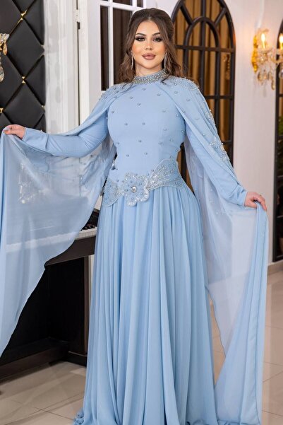 Lin Fashion Bebek mavi Pelerinli Boncuk ve İnci İşlemeli Krep Kumaş Tesettür ...