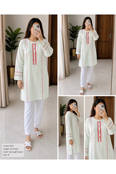 Libas lab - Mint Green Cotton Modest Shirt with Contrast Red Lace Detail
