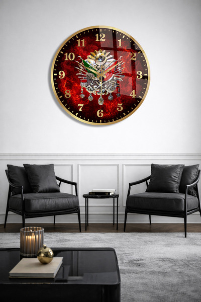 Olinpa Unbreakable Glass Wall Clock, with Ottoman Emblem, Round Red Gold Desi...